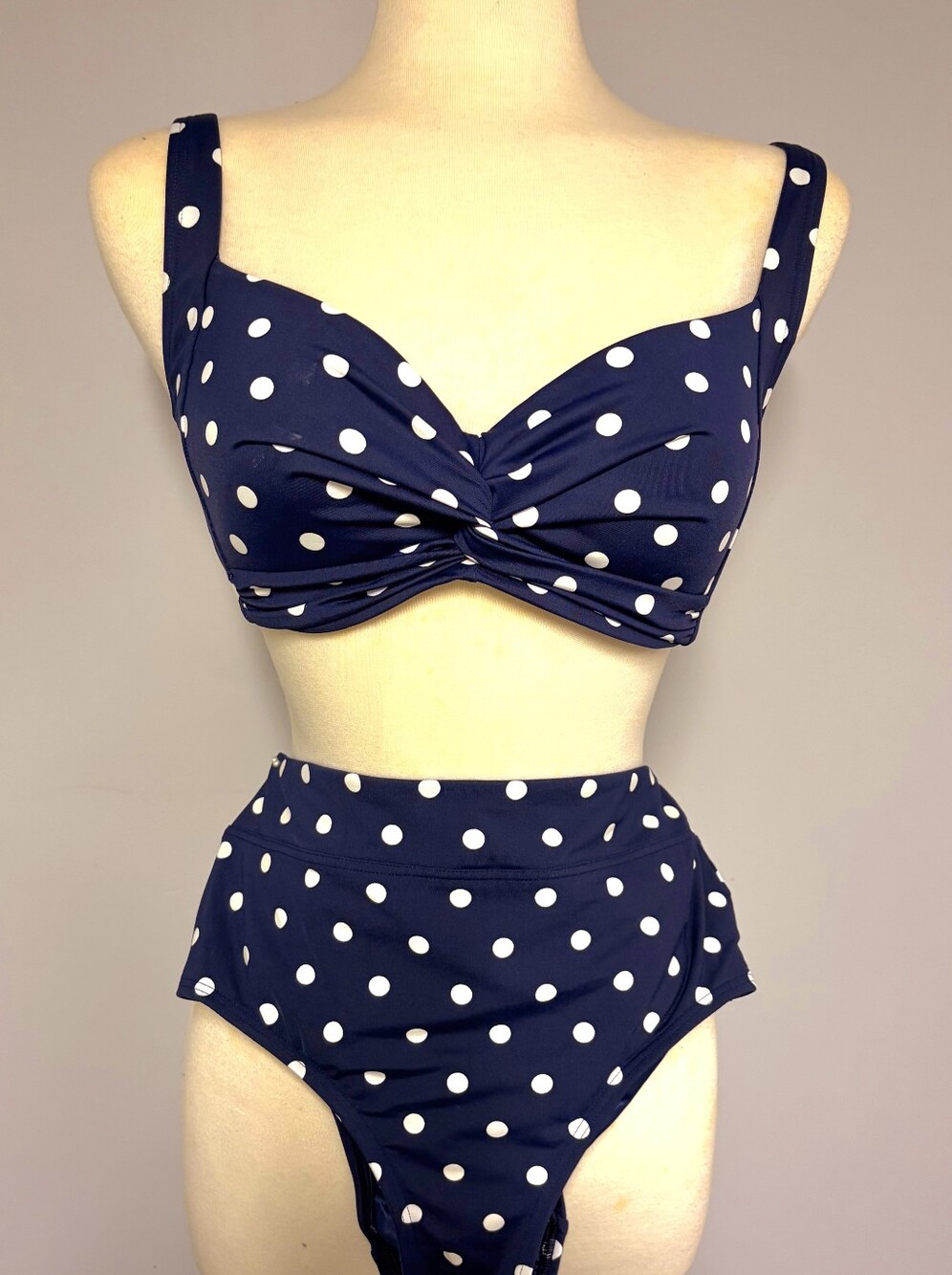 Lands' End Navy and White Polka Dot High-Waist Bikini